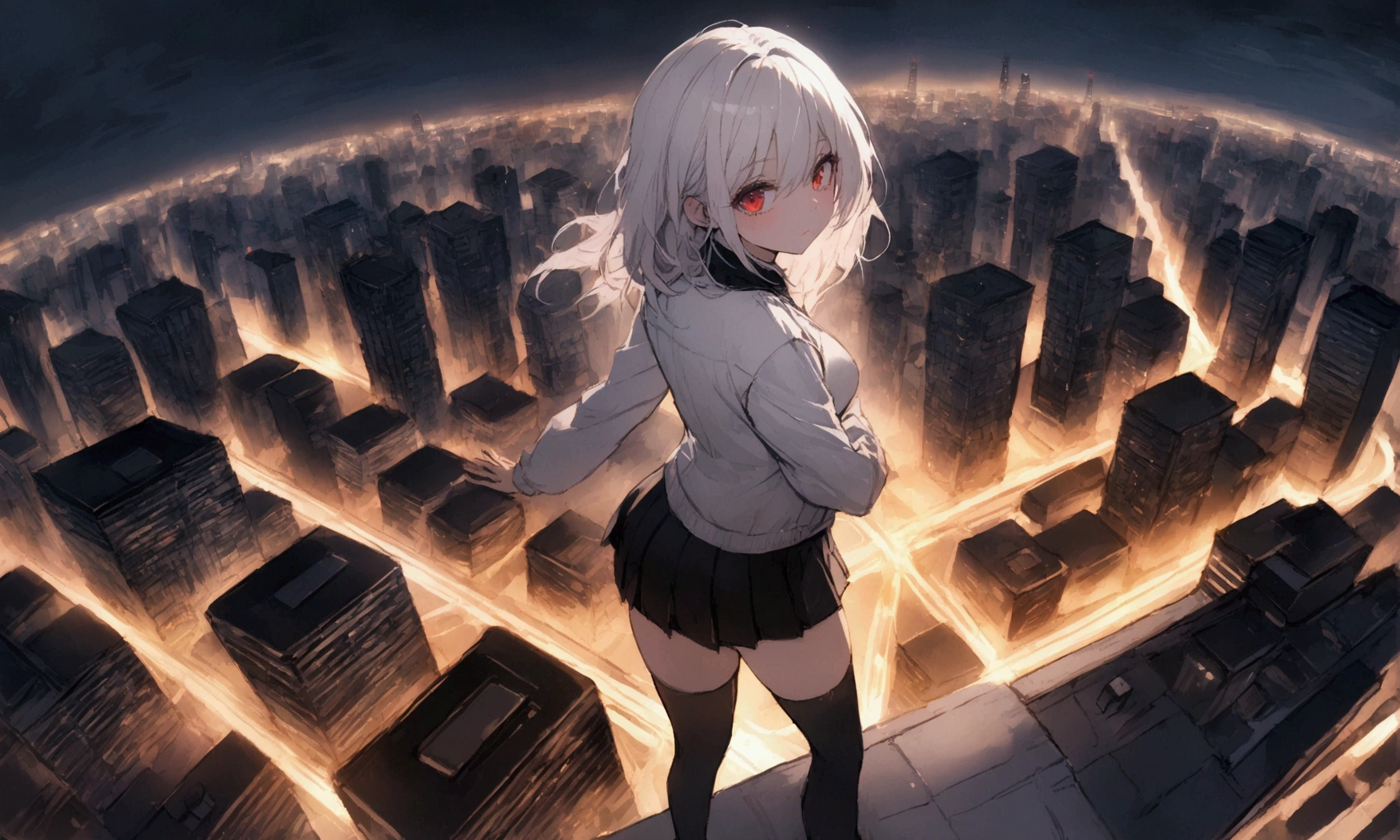1 adult woman with white hair, red eyes, wearing a light jacket and short skirt, standing on top of a building, dark city night, building view ((with city lights)) (city background ), night,