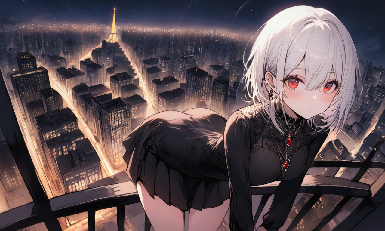 1 adult woman with white hair, red eyes, wearing a light jacket and short skirt, standing on top of a building, dark city night, building view ((with city lights)) (city background ), night,