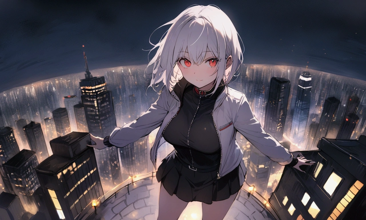 1 adult woman with white hair, red eyes, wearing a light jacket and short skirt, standing on top of a building, dark city night, building view ((with city lights)) (city background ), night,