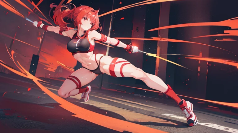 anime girl training sexy background with many details muscular girl red hair landscape