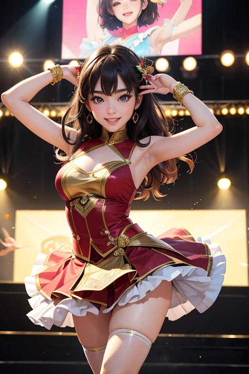 (Highest quality、 8k 、masterpiece、High resolution)、(Dancer)、Full Body Shot、 girl、Idol、cute、Dancing with a smile、Outdoor Stage、AKB48 Costumes、Realistic、Realistic、Official Art、Detailed CG、Professional Lighting、Professional photographer、