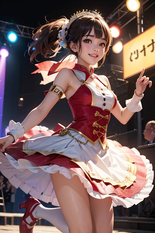 (Highest quality、 8k 、masterpiece、High resolution)、(Dancer)、Full Body Shot、15 year old girl、Idol、cute、Dancing with a smile、Outdoor Stage、AKB48 Costumes、Realistic、Realistic、Official Art、Detailed CG、Professional Lighting、Professional photographer、