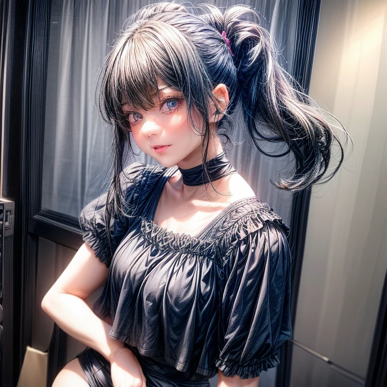 Black-haired girl with hair tied in a ponytail arriving home (dressed in short shorts and a short black blouse) Body Type (90, 30,60 I mean busty and big ass with a wasp waist)