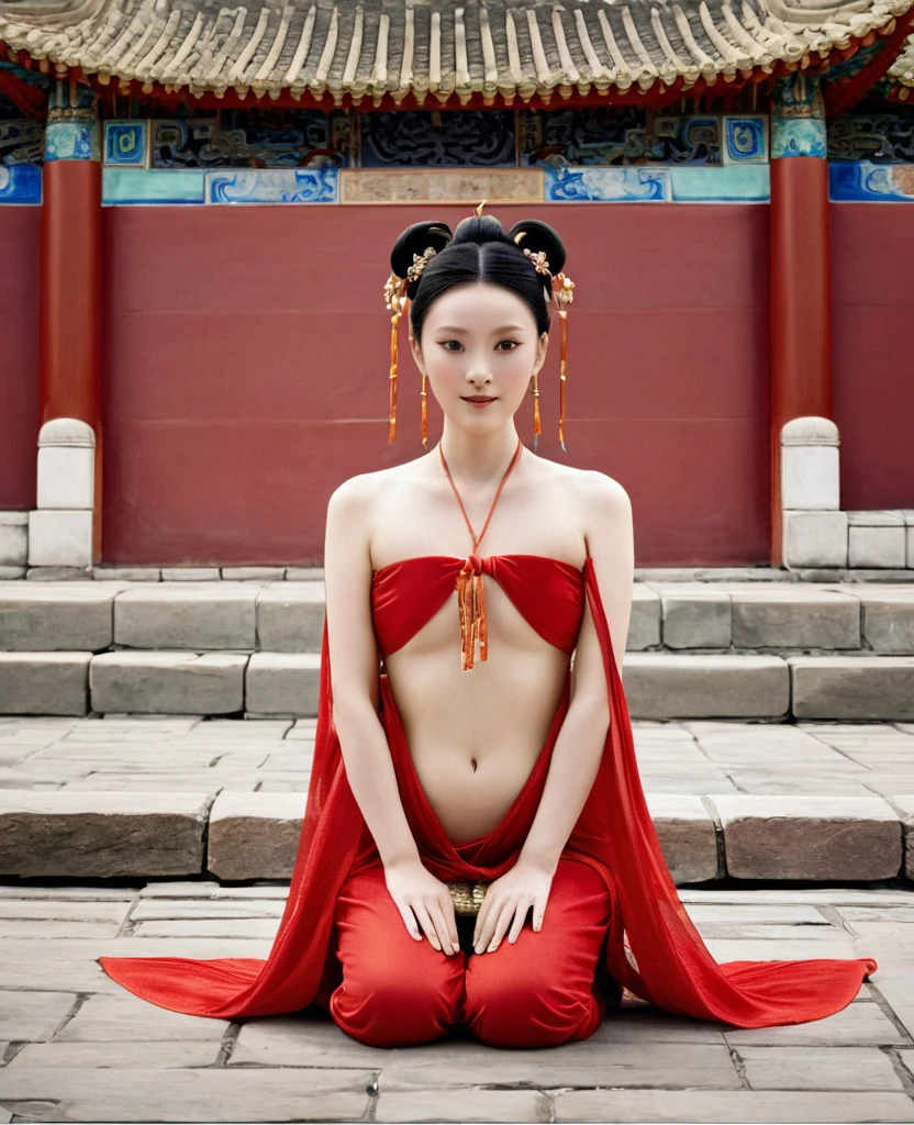 A woman seen from the front, standing facing forward, in the Chinese imperial court of the Qing dynasty, Empress of the Qing dynasty. The Chinese empress is wearing a red Manchu dress with a floral pattern and no crown, open at the front, showing her chest, stomach, thighs and feet. She is completely naked, showing her large breasts without underwear, and even her bare stomach. Her hair is tied up and pulled up, decorated with flashy large flowers and a hairpin, and the background is outside the Chinese imperial court of the Qing dynasty.