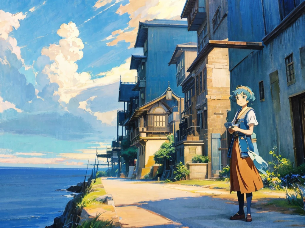 DVD screengrab from studio ghibli movie, beautiful seaside steampunk observatory, clouds on blue sky, designed by Hayao Miyazaki, retro anime, street view