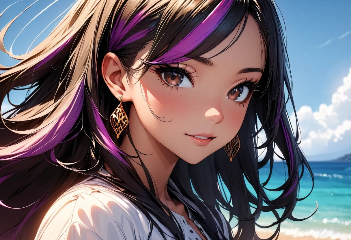 (highest quality:1.2, Very detailed, up to date, Vibrant, Ultra-high resolution, High Contrast, masterpiece:1.2, highest quality, Best aesthetics), Portraiture、girl、((25-years-old:1)), Maxi dress, beach, blue ocean, blue sky, Bright colors、Beautiful fine details、Beautiful lip detail, long hair、black and purple ((streaked hair:1.6)), highlights hair: 1.5, brown eyes, gold earrings, ((slim body:1.4)), (small breast:0.7), (dark skin:0.5)), happy:1.5 , (upper body:1.5), close-up face, looking viewer