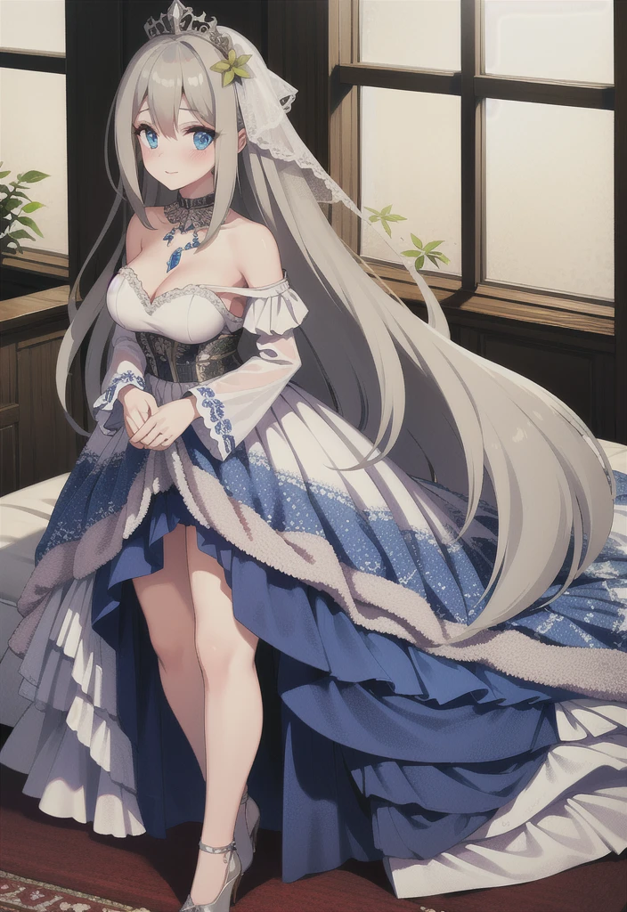 lexington \(warship girls r\),((Best quality))),((Ultra-detailed)),((illustration)),((Disheveled hair)),((frilld)),(1 girl),(Solo),
1girl, solo, (8k, masterpiece:1.2), highly detailed, ultra-detailed, masterclass, hair_between_eyes, braid, perfect lighting, medium breasts, hair ornament, Flaxen long hair(delicate eyes), (blue eyes), (detailed facial features), full body, long_hair, blush, feathers hair ornament, (dark blue wedding dress:1.2) night, windows, indoors, light, indoors, carpet, illustration, cowboy shot, masterpiece, best quality, best quality