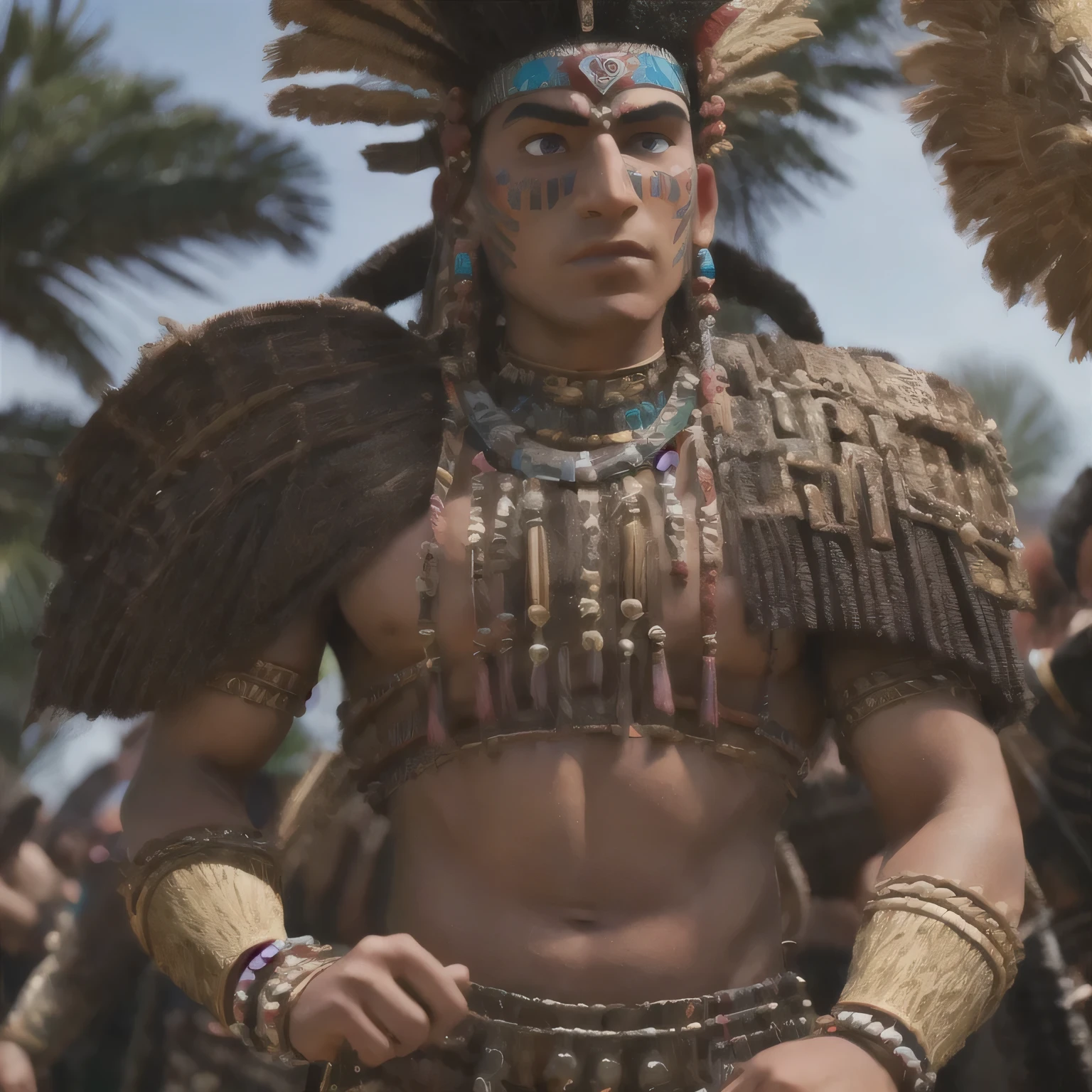 A man in costume、Close-up of man wearing large headdress, Revelation, movie still of aztec cyborg, mayan jaguar warrior, scene from live action , wearing tribal armor, mexican warrior, still from a live action movie, Mohawk, an aztec warrior, an an aztec warrior, an aztec warrior, still from a fantasy movie, Movie screen shot,