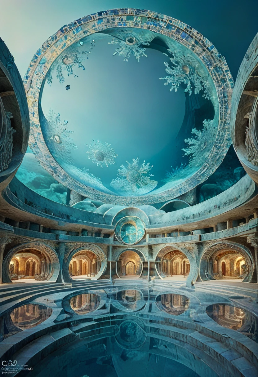 an ancient underwater city resembling a circular kaleidoscope, surprising discoveries, shading effects, gradation magic effects, (ultra detailed, absolutely resolution, best quality:1.3), 2.5D, delicate and dynamic, artistic photography, hyper realistic, graphic CG digital art