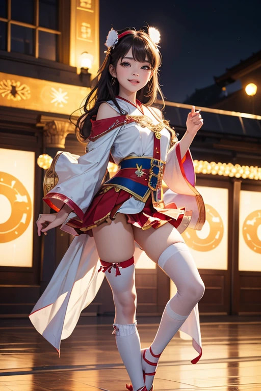 (Highest quality、 8k 、masterpiece、High resolution)、(Dancer)、Full Body Shot、15 year old girl、Idol、cute、Dancing with a smile、Outdoor Stage、AKB48 Costumes、Realistic、Realistic、Official Art、Detailed CG、Professional Lighting、Professional photographer、