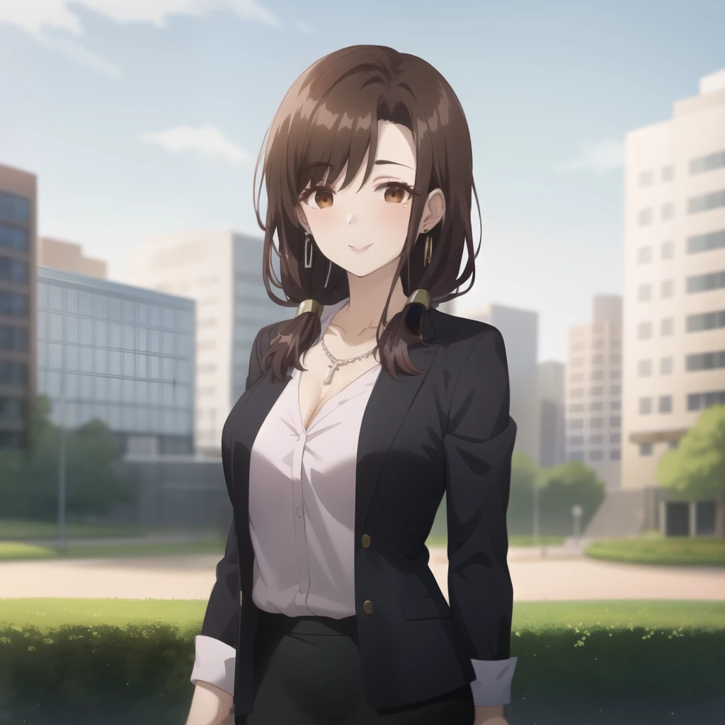 best quality, (masterpiece:1.2), Very detailed, outdoor, garden, City,
1 Girl, Solitary, Goto Airi, There is a mole under the eye,
Looking at the audience, Large Breasts, Smile, Shut up, Mature female, (permanent:1.2),
Brown eyes, Brown hair, Long hair, necklace, earrings, Black jacket, clavicle, Pencil Skirt, cleveage