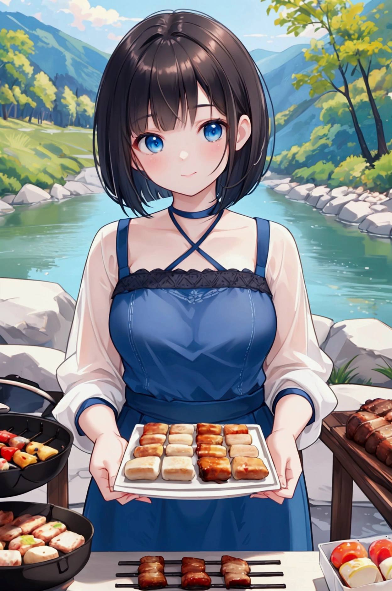 Photorealistic、Highest quality、Highest Resolution、Highest quality、８Ｋ、A beautiful woman enjoying a BBQ、Cute face、Bob cut hair、Dark Hair Color、Pale blue eyes、Beautiful breasts、Casual clothing、barbecue、river、Mountain、