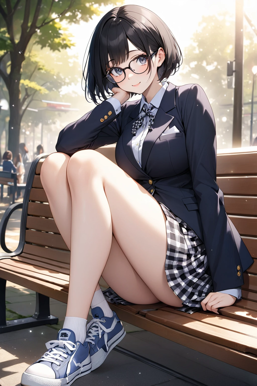 (Beautiful 18 year old Japanese woman), Cute Face, blazer,Ribbon tie,Checkered Skirt, Glasses,tiny socks,sneakers,(Deeply chiseled face:0.7), (freckles:0.6), Soft Light,Healthy white skin, Black Hair,Bobcut,, (Sparkling eyes), thin,Very large breasts,,Sitting on a bench