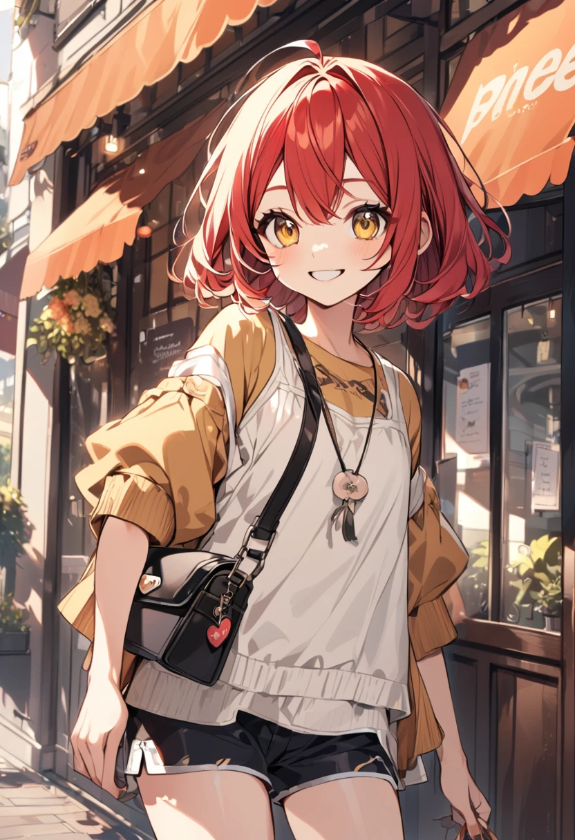 Short red hair, yellow eyes, pretty, short pants, cute, smile, sling bag