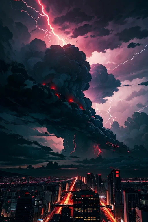 A nefarious force spreads across the world in the form of a black cloud thundering reddish lightning., the atmosphere is one of tension and despair over the city.