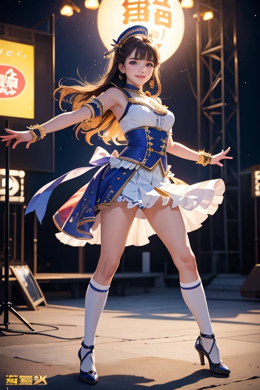 (Highest quality、 8k 、masterpiece、High resolution)、Full Body Shot、15 year old girl、Idol、cute、Dancing with a smile、Outdoor Stage、AKB48 Costumes、Realistic、Realistic、Official Art、Detailed CG、Professional Lighting、Professional photographer、