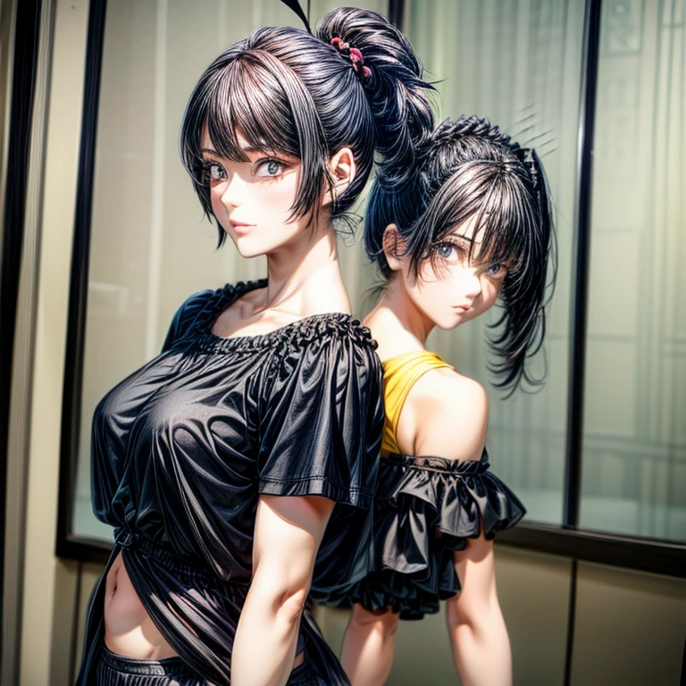 Black-haired girl with hair tied in a ponytail arriving home (dressed in short shorts and a short black blouse) Body Type (90, 30,60 I mean busty and big ass with a wasp waist) 