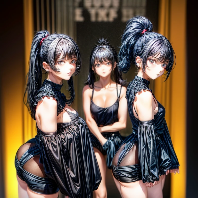 Black-haired girl with hair tied in a ponytail arriving home (dressed in short shorts and a short black blouse) Body Type (90, 30,60 I mean busty and big ass with a wasp waist)