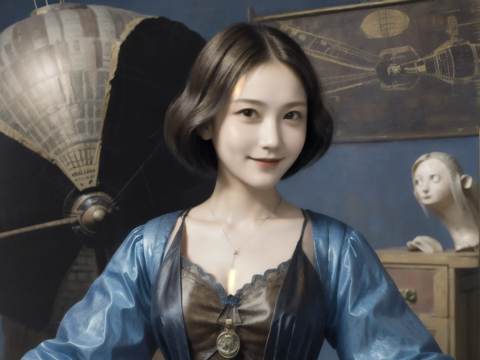 263 20-year-old female,(Short Hair 46),(chest:1.5),Old-fashioned smile,(Paintings by Leonardo da Vinci),(airship,Blueprint)