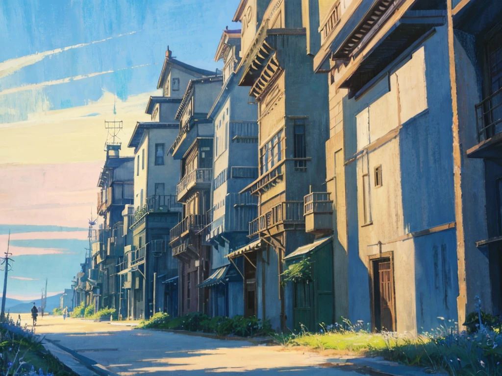 DVD screengrab from studio ghibli movie, beautiful seaside steampunk observatory, clouds on blue sky, designed by Hayao Miyazaki, retro anime, street view