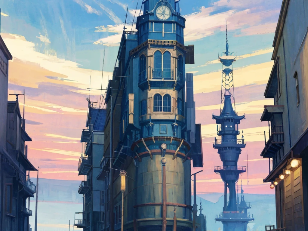 DVD screengrab from studio ghibli movie, beautiful seaside steampunk observatory, clouds on blue sky, designed by Hayao Miyazaki, retro anime, street view