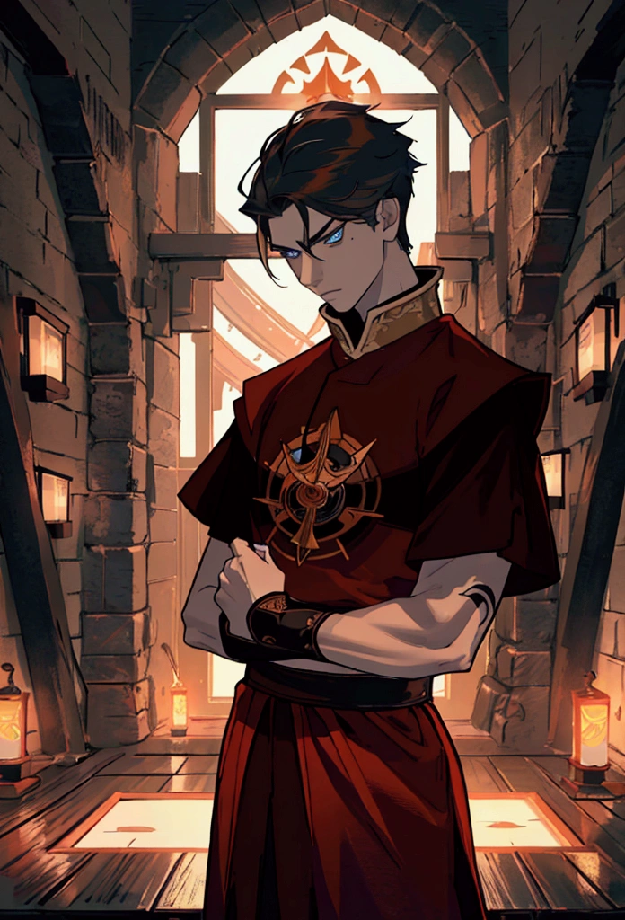 1 young man, alone, looking serenely at his enemy, serene and reflective atmosphere, soft lighting, bathed in crimson colored electrical currents, 15 year old man, blue eyes, tattoo below the eyes, golden hair, short hair with samurai cut, boyish, black clothes, look of deep sadness, anger, scene of rage and sadness, best angle, thoughtful, {beautiful detailed eyes}, {detailed light}, {illustration}, {better lighting}, conceptual art, best dramatic scene, monk t-shirt, black and white, rays of color crimson, lightning all over the body