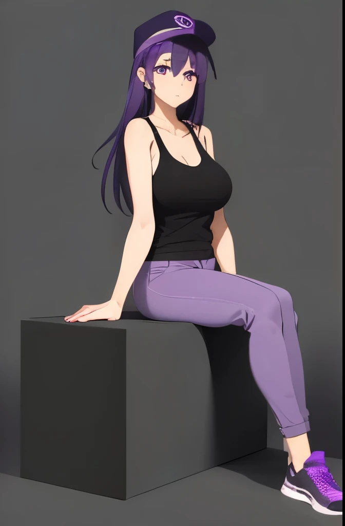Purple, eyes, Purple hair, purple cap, big breasts, Black tank top, Gray pants, Purple sneakers, sitting, legs open, naughty face