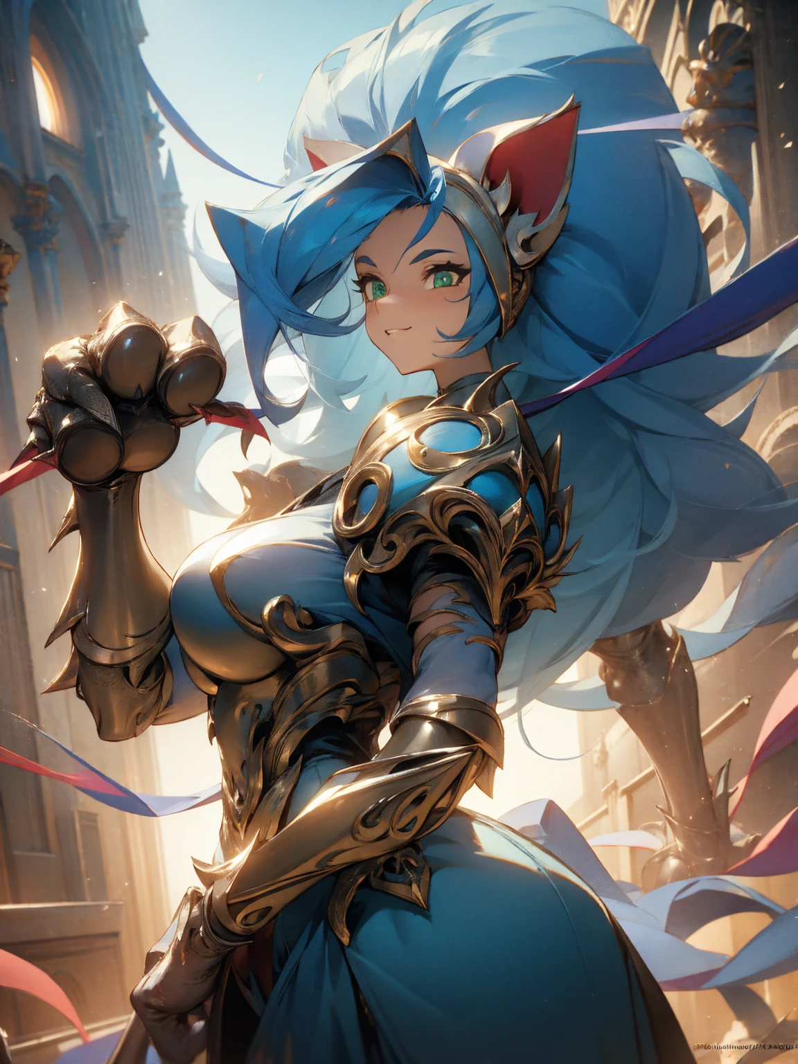 ((Masterpiece, Best Quality, anime style)), Felicia, Blue hair, Green eyes, cat eyes, Cat tail, busty, big breasts, big ass, happy, smile, sexy white plate armor, gauntlets armors, graves armors, lewd, in a medieval city, illustration, ultra-detailed 8K, clear focus, highly detailed, professional lighting, colorful details, colors BREAK,