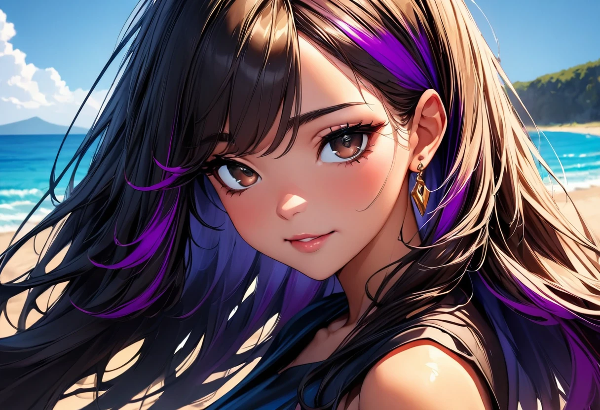 (highest quality:1.2, Very detailed, up to date, Vibrant, Ultra-high resolution, High Contrast, masterpiece:1.2, highest quality, Best aesthetics), Portraiture、girl、((25-years-old:1)), Maxi dress, no sleeve, sexy dress, beach, blue ocean, blue sky, Bright colors、Beautiful fine details、Beautiful lip detail, long hair、black and purple ((streaked hair:1.6)), highlights hair: 1.5, brown eyes, gold earrings, ((slim body:1.4)), (small breast:0.7), (dark skin:0.5)), happy:1.5 , (upper body:1.5), close-up face, looking viewer