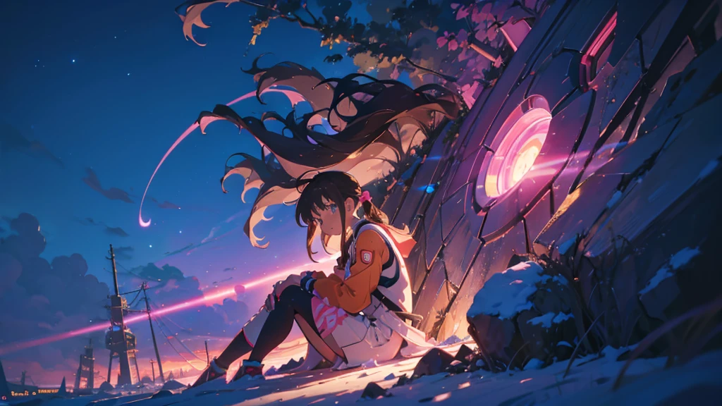 Makinami, A cartoon girl in pink and black clothes is sitting on the ground, Gainax Anime Style, Anime characters; Full Body Art, female Anime characters, body and soul! Asuka Suit, Asuka Suit under clothes!, This character has the ability to freeze., cel - shaded art style, Anime characters, Streamlined pink armor, Gordon Freeman as a Woman, low twintails, brown hair, Surrealism, cinematic lighting, UHD, high details, best quality, highres, 8k