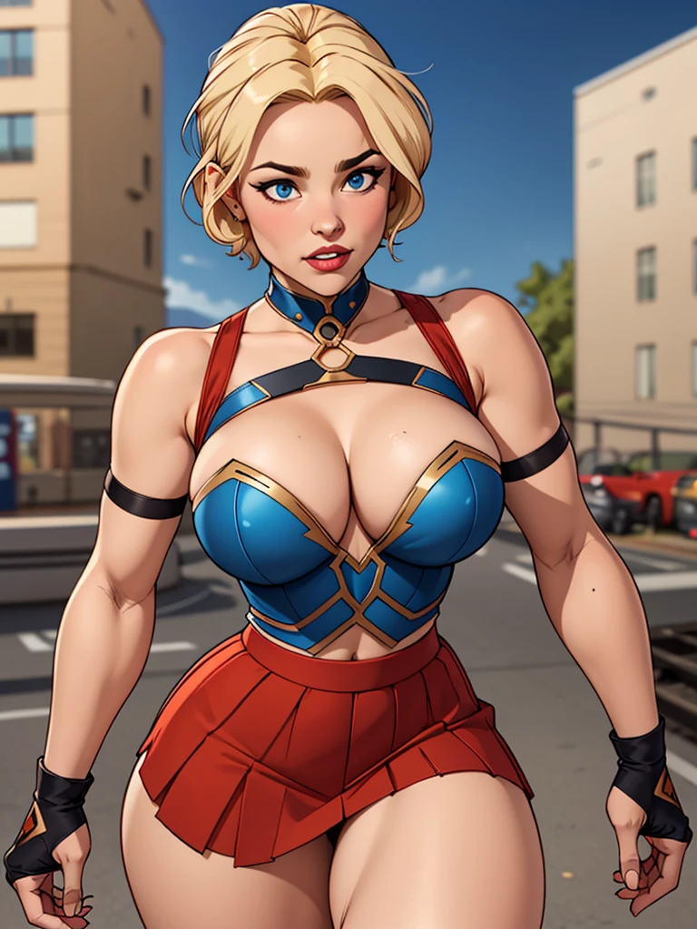 Make a young woman with short blonde hair, wearing an iron vest with a low neckline, wearing blue chest armor with defined breasts, wearing a e red strappy skirt, thick thighs, an iron tiara on her forehead