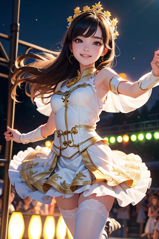 (Highest quality、 8k 、masterpiece、High resolution)、Full Body Shot、15 year old girl、Idol、cute、Dancing with a smile、Outdoor Stage、AKB48 Costumes、Realistic、Realistic、Official Art、Detailed CG、Professional Lighting、Professional photographer、
