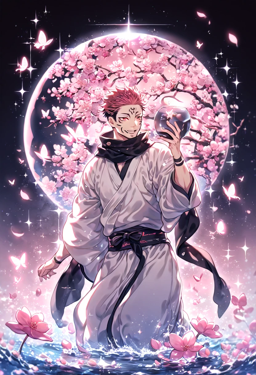 absurdres, highres, ultra detailed, HDR, master piece, best quality, Ryoumen Sukuna, black hair, expressive red eyes, Jujutsu Kaisen, solo, sexy man, handsome, smile, black scarf, white kimono, water, fantasy, magical, shining, pink flowers, pink blossoms, pink petals, pink butterflies, sparkling glass