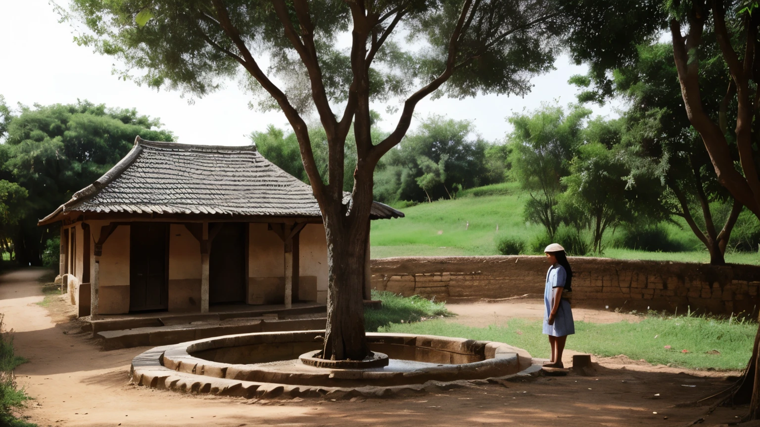 There is a well under a tree in a village. A woman is standing sad near that well.