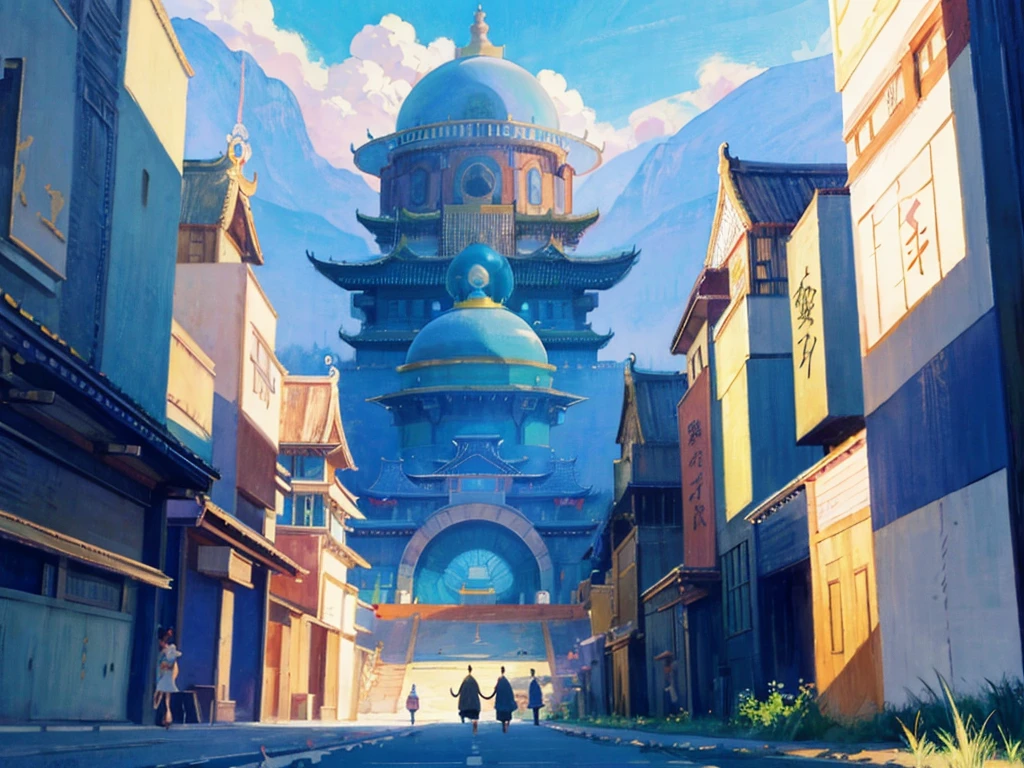 DVD screengrab from studio ghibli movie, (beautiful domed eastern palace), clouds on blue sky, designed by Akira Toriyama, Dragon Ball Z, retro anime, street view