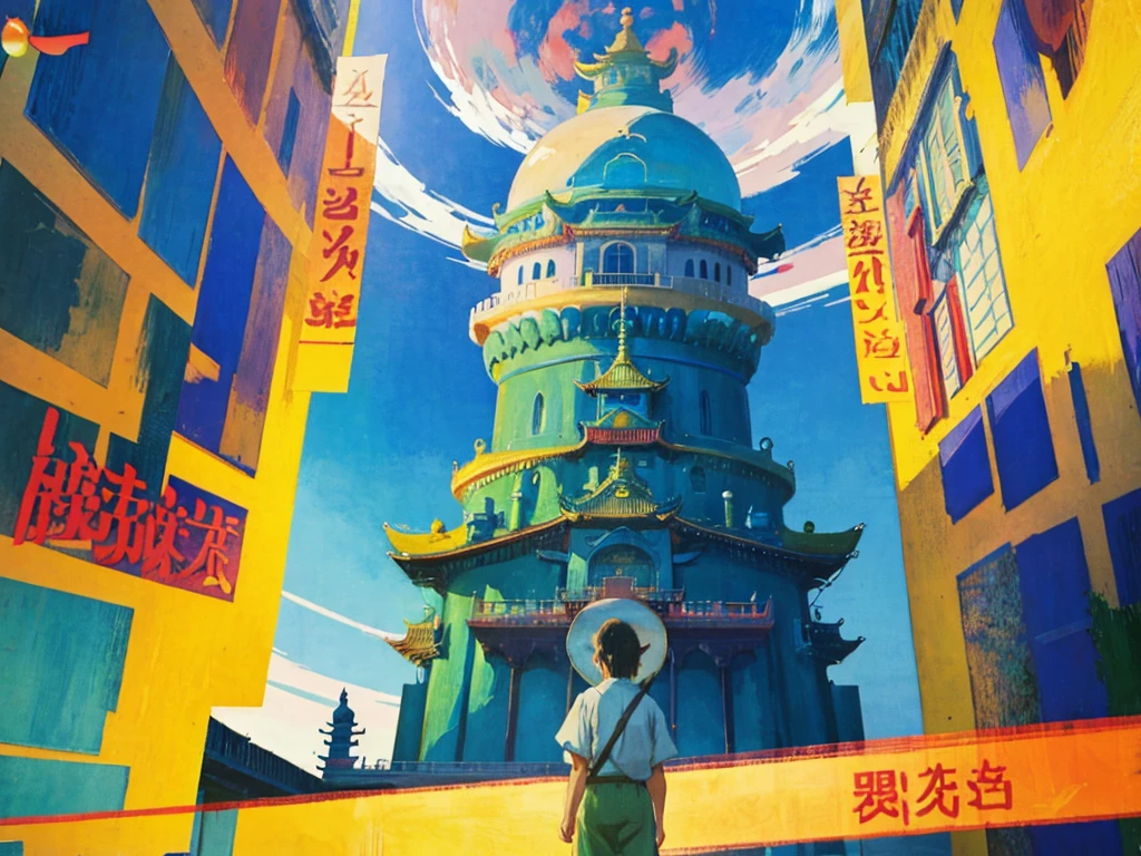 DVD screengrab from studio ghibli movie, (beautiful domed eastern palace), clouds on blue sky, designed by Akira Toriyama, Dragon Ball Z, retro anime, street view