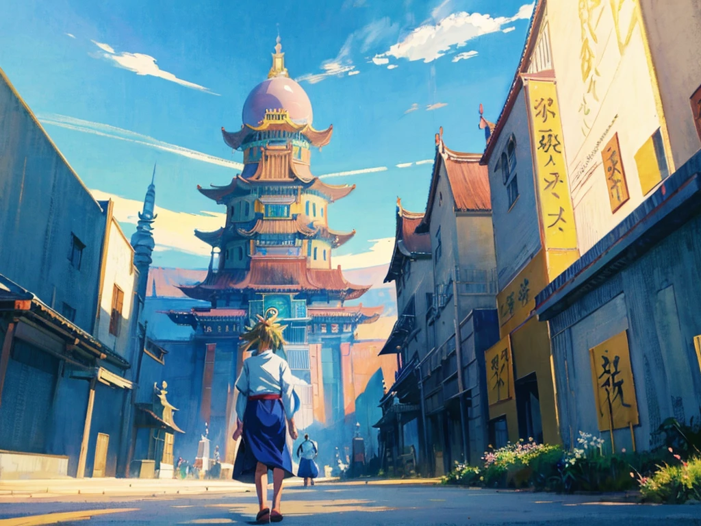 DVD screengrab from studio ghibli movie, (beautiful domed eastern palace), clouds on blue sky, designed by Akira Toriyama, Dragon Ball Z, retro anime, street view