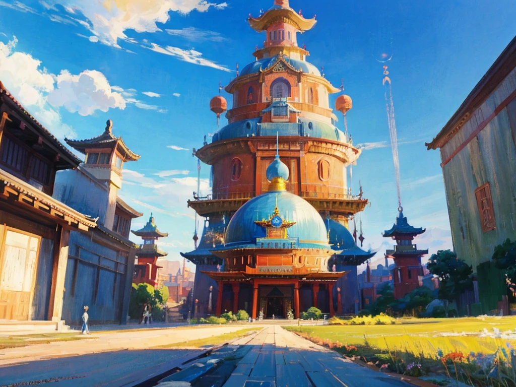 DVD screengrab from studio ghibli movie, (beautiful domed eastern palace), clouds on blue sky, designed by Akira Toriyama, Dragon Ball Z, retro anime, street view