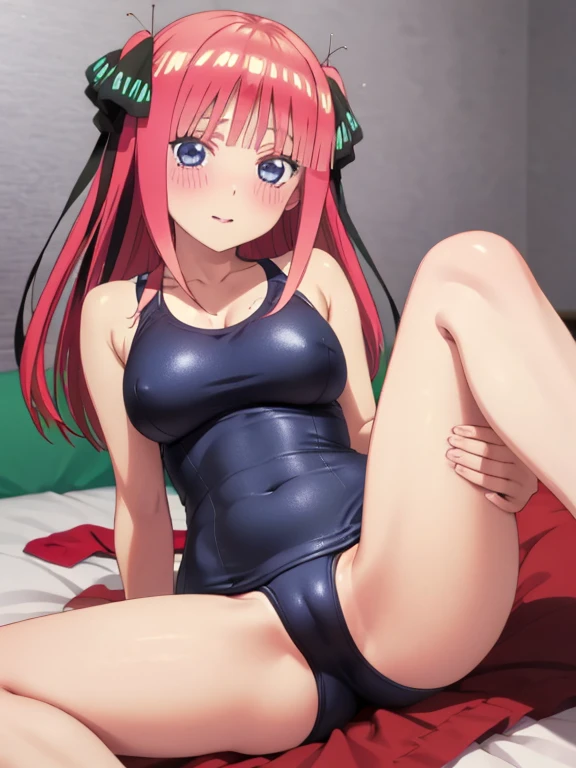 best quality, insanely detailed, nino nakano, breasts, blush, bedroom background, looking at viewer, pussy, one-piece swimsuit, cheerful eye, leg spread