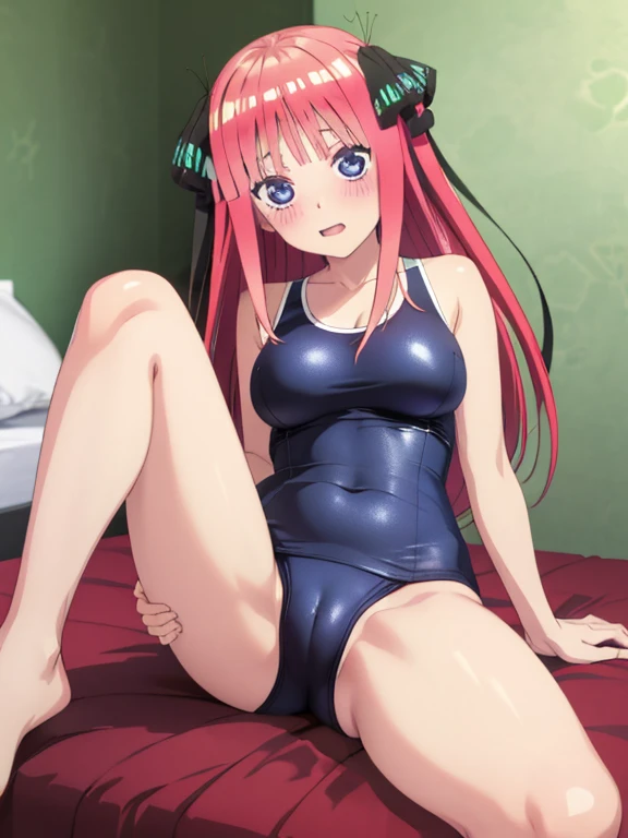 best quality, insanely detailed, nino nakano, breasts, blush, bedroom background, looking at viewer, pussy, one-piece swimsuit, cheerful eye, leg spread