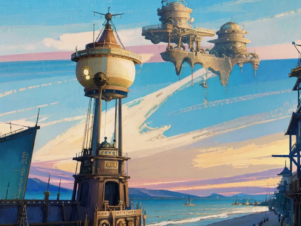 DVD screengrab from studio ghibli movie, (beautiful seaside steampunk observatory:1.4), clouds on blue sky, designed by Hayao Miyazaki, retro anime, street view