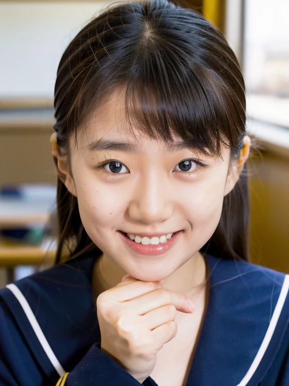 lens: 135mm f1.8, (Highest quality),(RAW Photos), (Tabletop:1.1), (Beautiful 13 year old Japan girl), Cute Face, (Deeply chiseled face:0.7), (freckles:0.4), Spotted sunlight, Dramatic lighting, (Navy blue sailor suit), Long sleeve, (In the classroom), shy, (Close-up shot:1.2), (smile)