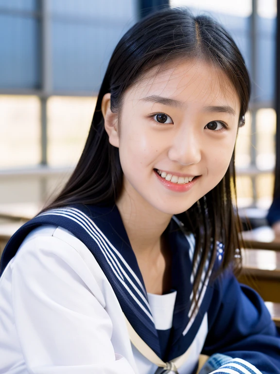 lens: 135mm f1.8, (Highest quality),(RAW Photos), (Tabletop:1.1), (Beautiful  Japan girl), Cute Face, (Deeply chiseled face:0.7), (freckles:0.4), Spotted sunlight, Dramatic lighting, (Navy blue sailor suit), Long sleeve, (In the classroom), shy, (Close-up shot:1.2), (smile)