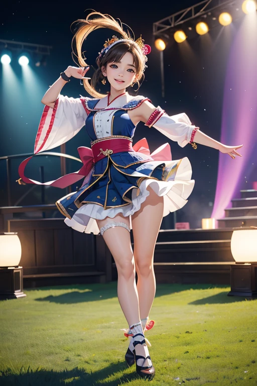 (Highest quality、 8k 、masterpiece、High resolution)、Full Body Shot、 girl、Idol、cute、Dancing with a smile、Outdoor Stage、AKB48 Costumes、Realistic、Realistic、Official Art、Detailed CG、Professional Lighting、Professional photographer、
