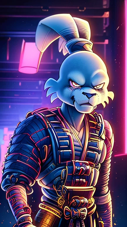 (usagi yojimbo), (extremely detailed CG unit 8k wallpaper),(master part), (best quality), (ultra detail), (best illustration),(CyberpunkAI), cowboy shot, (Sharp eyeliner, ombre, detail eyes:1), neon light indoors background ,break , (Samurai
Cybernetic), upper body,