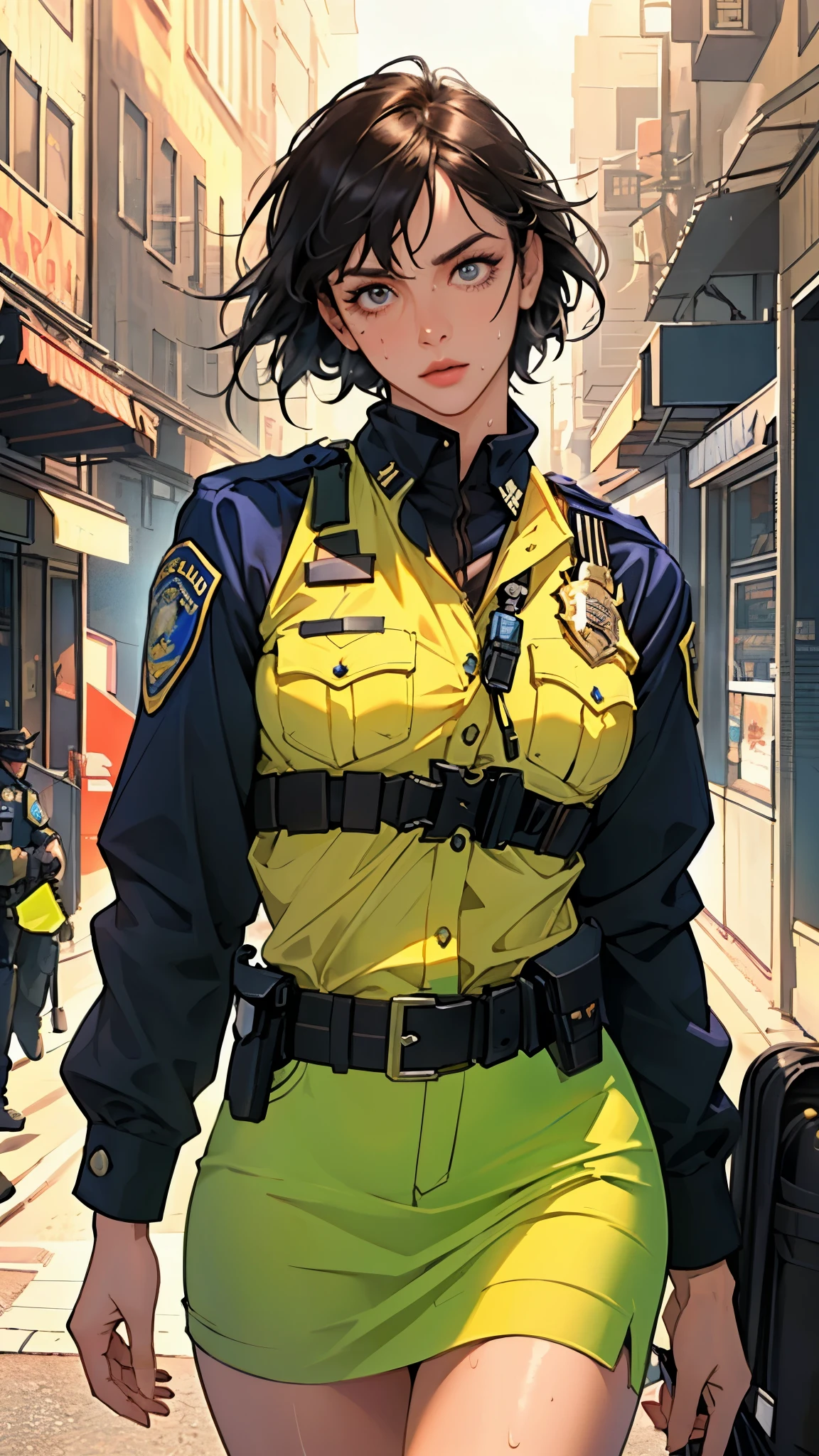 ((((masterpiece, best quality, high resolution)))), Extremely detailed 8K, 1 female, (Police Officer) wearing a cyberpunk police uniform and gear, (Ultra HD, Ultra-detailed, Highly detailed, Highly realistic, Ultra-realistic, photograph realistic), (1girl:1.5), (Realistic black hair), (dynamic poses), facing at camera, looking at viewer, (a serious focus face), (regular black eyes, sharp eyes), (perky breasts:1.2), (beautifully detailed face, beautiful detailed eyes), ((preparing for a police patrol)), (streets background), sweat, glow, (sunbeam, sunlight), ((cowboy shot)), seductive, EnvyBetterHands LoCon,