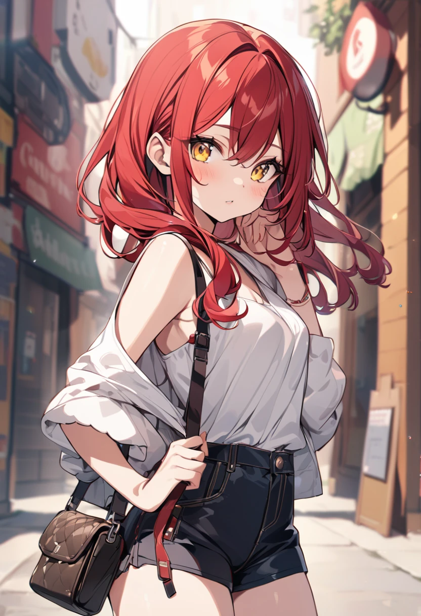 Long red hair, yellow eyes, pretty, short pants, cute, sling bag, sexy