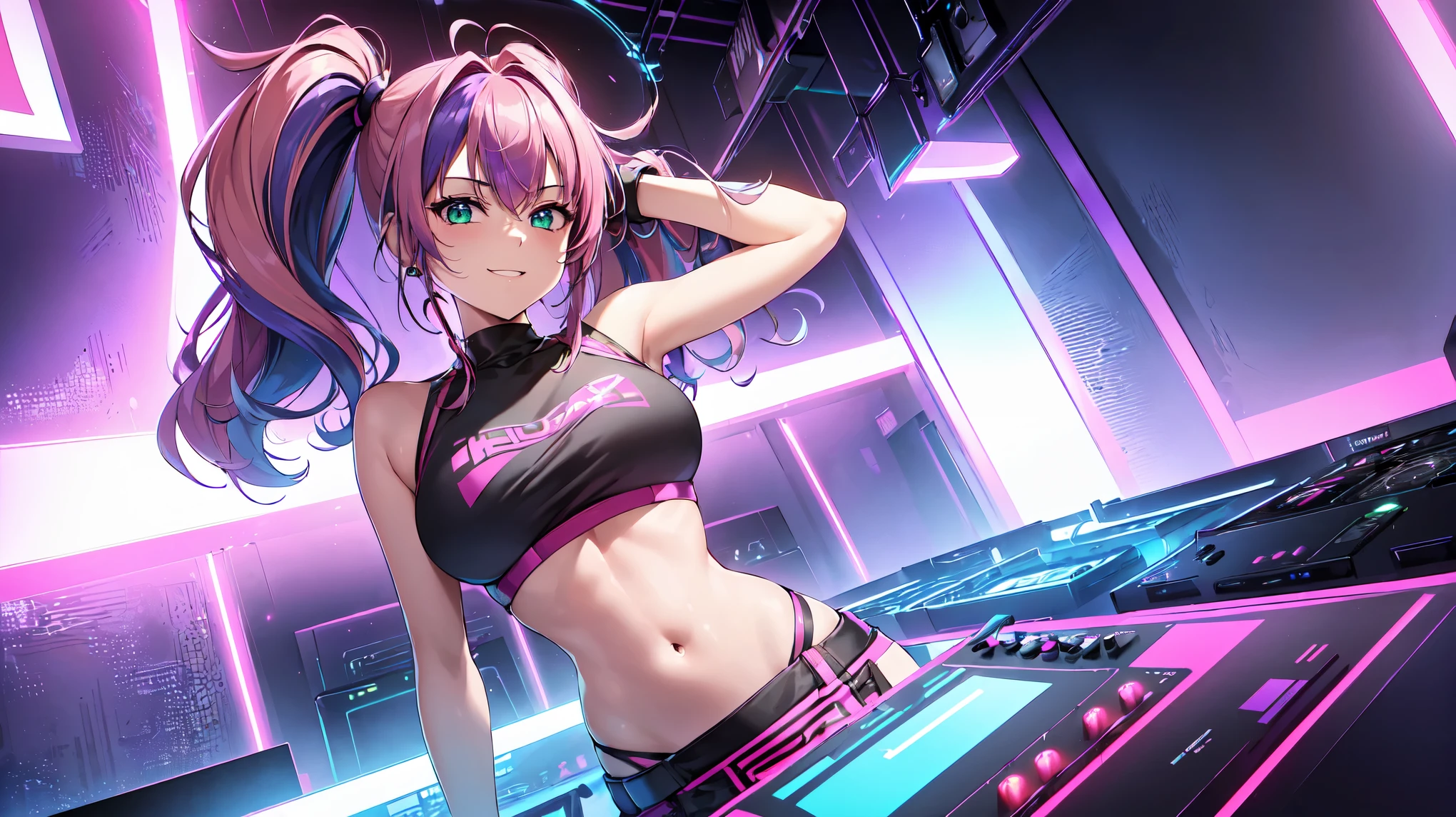 Masterpiece artwork, 1 girl ((20 years old, cropped shirt exposes the navel, purple miniskirt, tennis, medium breasts, multicolored pink hair, twin ponytails, greeneyes, flerting, glad, great smile, looking up, earbuds, standing behind a DJ booth in a nightclub, neon and colorful lighting, futuristic dance club, futuristic and exciting atmosphere)) ((standing alone)) ((High camera angle, view from the top))