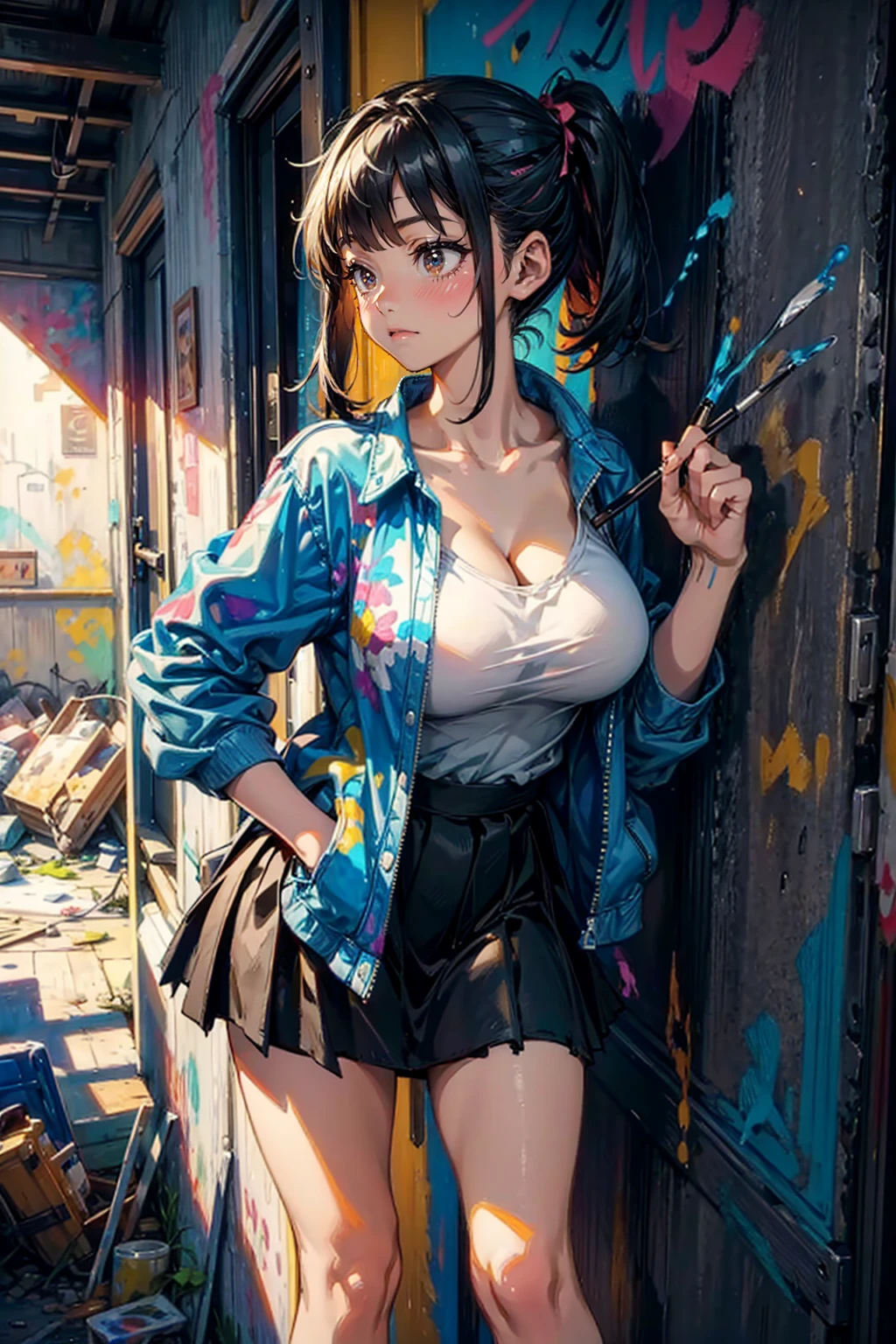 1girl,solo,cute,big breast,cleavage,shirt and mini skirt,she is painting at the wall,paint,colorful,dynamic,in Derelict building