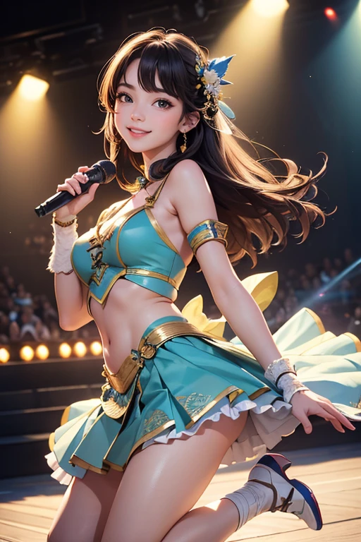 (Highest quality、 8k 、masterpiece、High resolution)、Full Body Shot、 girl、Idol、cute、Dancing with a smile、Outdoor Stage、AKB48 Costumes、Realistic、Realistic、Official Art、Detailed CG、Professional Lighting、Professional photographer、